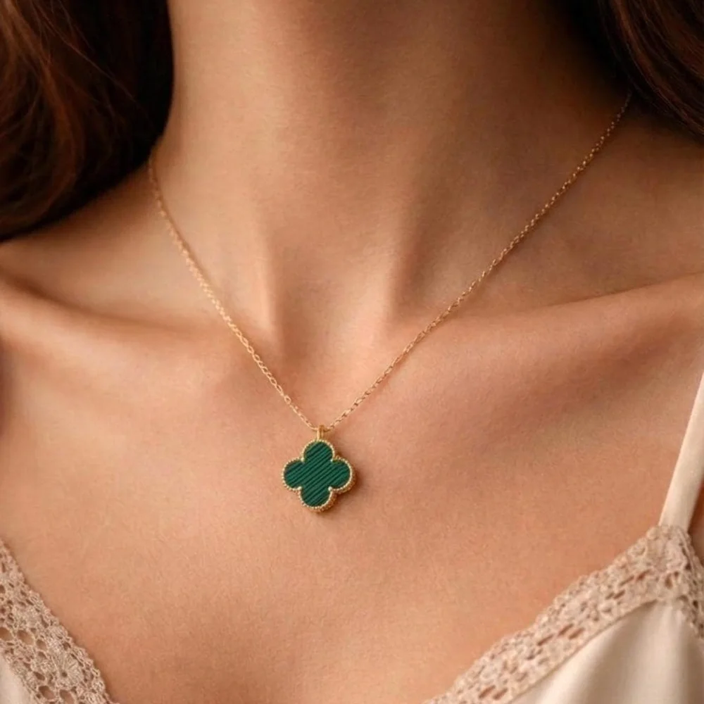 Malachite Clover Necklace - Green Four Leaf Clover Pendant - Gold Vermeil Lucky